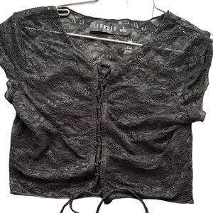 Lioness Black Lace Tie Front Crop Top | Sheer Mesh Floral Lace | Size S